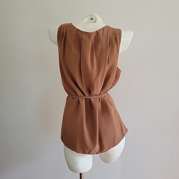 J Crew Silk Chiffon Belted Blouse Small Chocolate Brown Sleeveless Chic Feminine - Picture 6 of 15